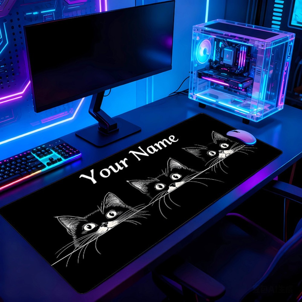 Gaming Accessories Name - かわいい3匹の黒猫カスタムデスクマット、名前と番号入り、滑り止めゴムベース、PCオフィスゲームギフト用の愛らしいアクセサリー